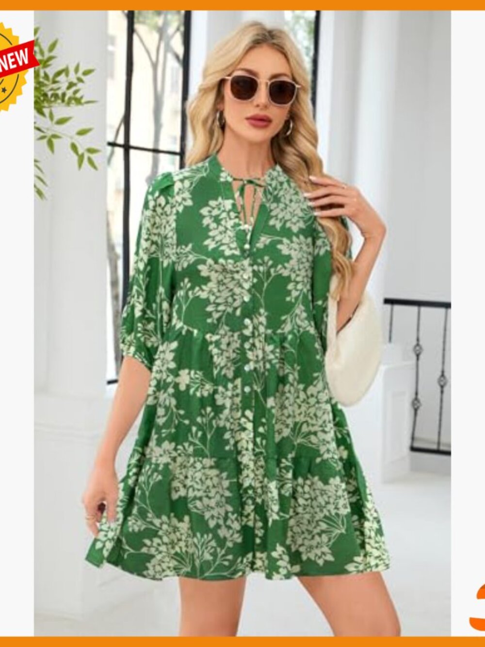 Floral Boho Shift Dress V Neck Puff Sleeve Button Down Summer Mini Dress - Picture 5 of 7